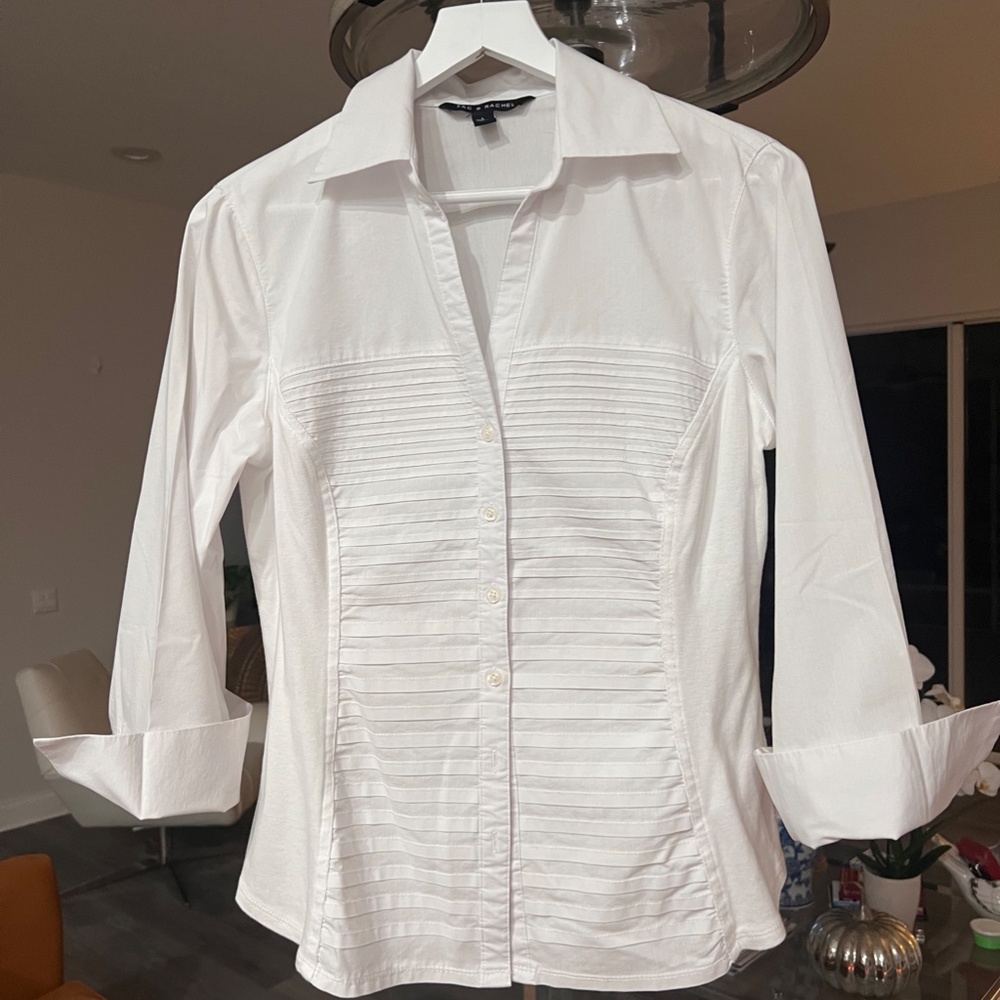 Zac & Rachel Women's 3/4 Cuff Sleeve Button Down Top with Ribbed Knit Inserts
